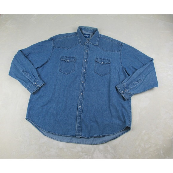 Wrangler Shirt Mens 2XL XXL Blue Denim Button Up Pearl Snap Heavy Cowboy Western - Picture 2 of 9